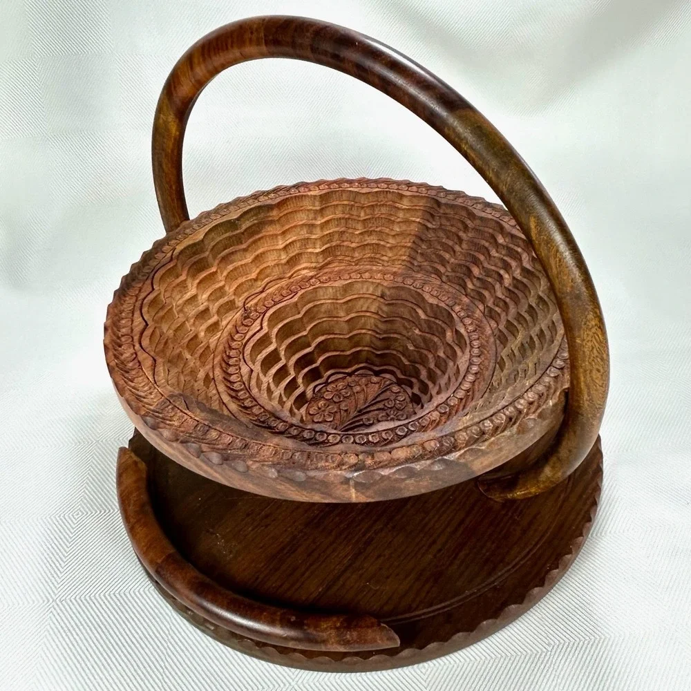 Vintage Collapsible Hand Carved Wooden Centerpiece, Basket, Rosewood Trivet